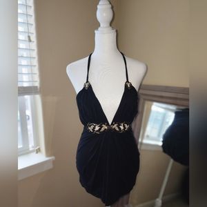 SKY top Sexy cute Black halter top crystal leaves embellishment sz XS soft